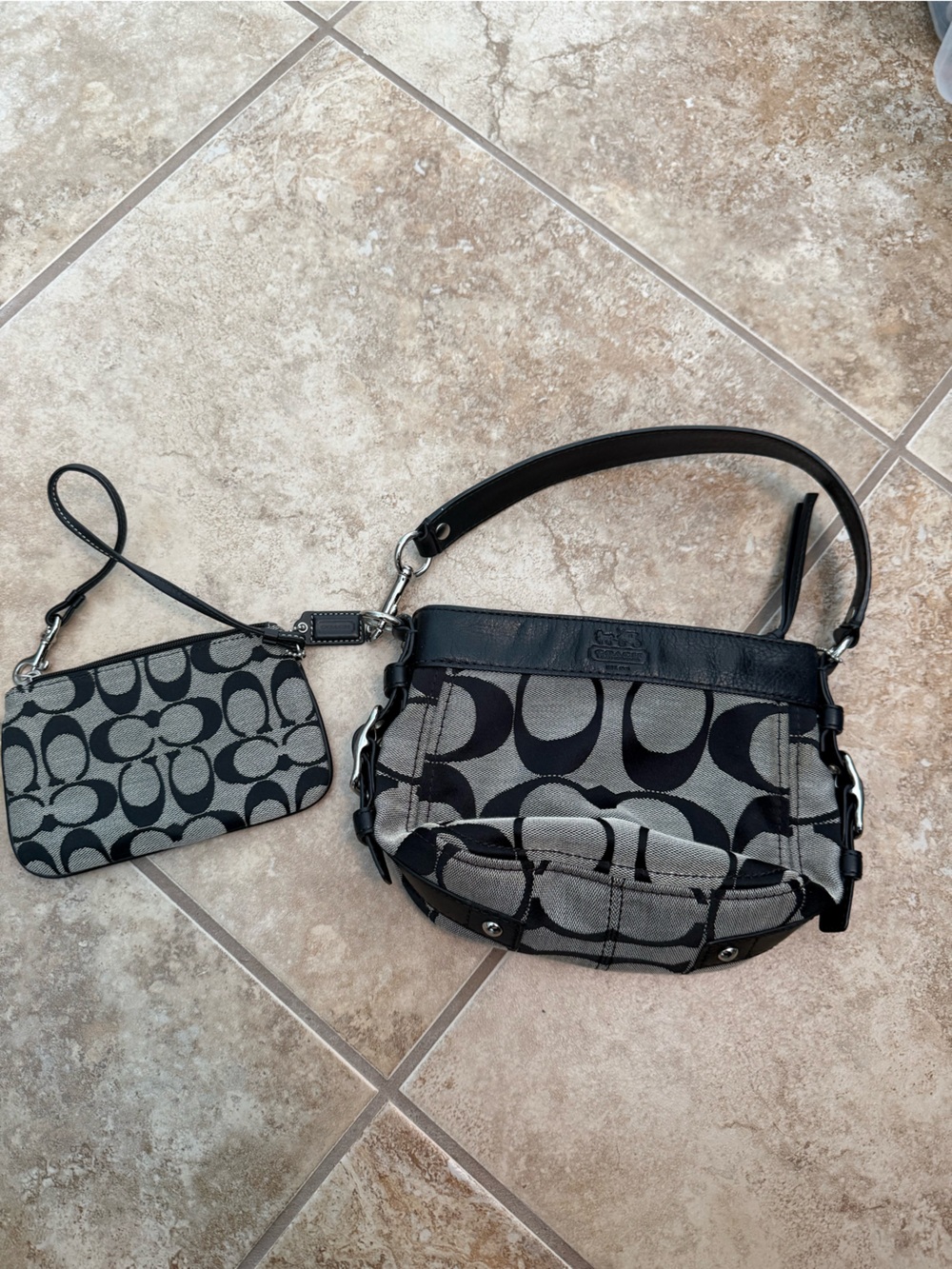 Coach Black and Gray Signature Canvas Shoulder Bag with Wristlet